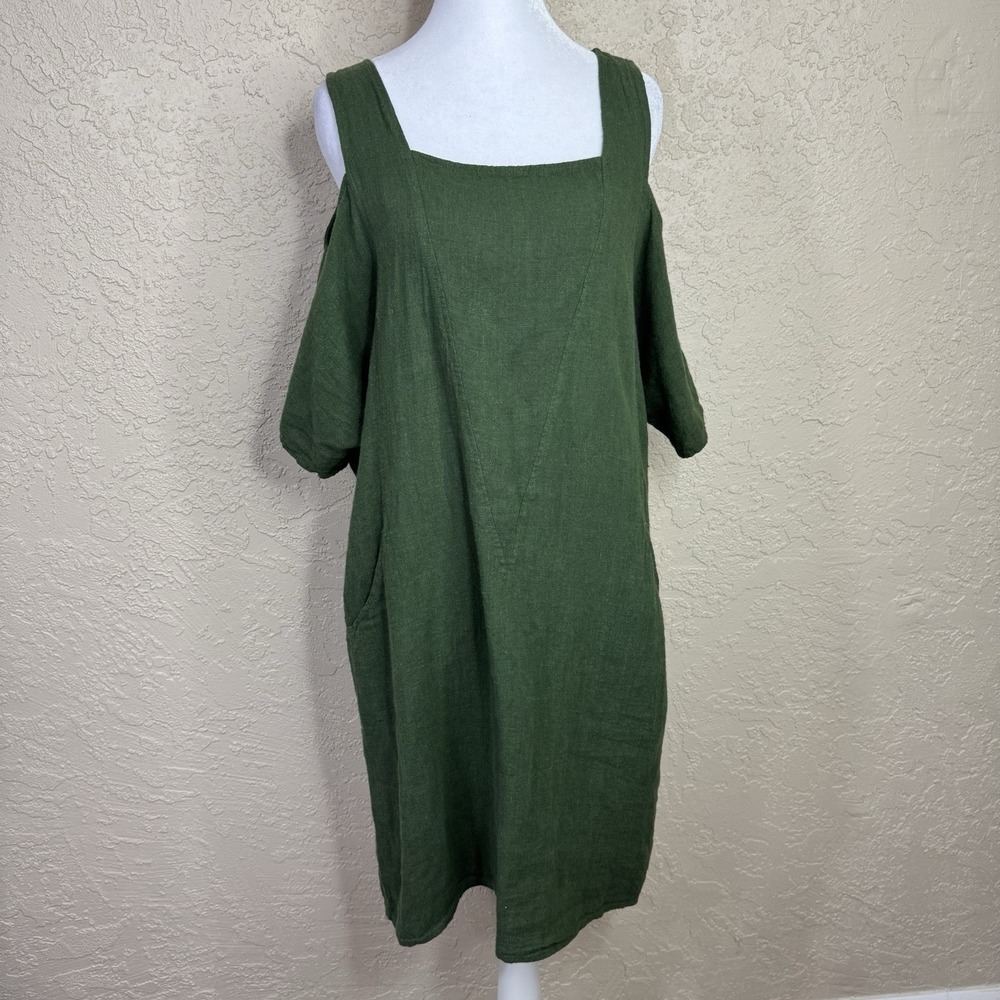 Soft Surroundings Linen Blend Dress Green Emilia Cold Shoulder Womens M Pockets